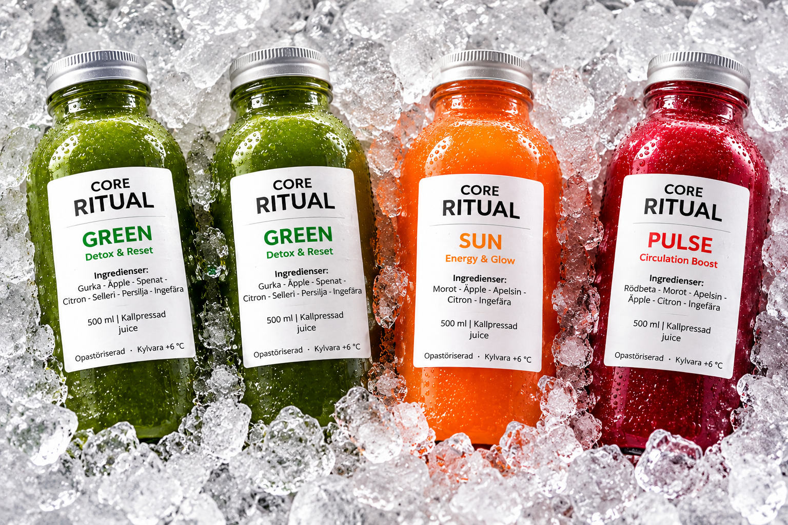 Healthy beverage display featuring tropical fruit flavors and natural ingredients.